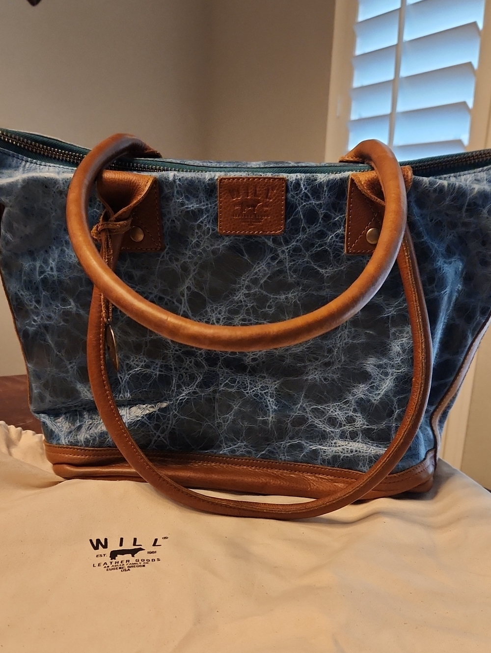 Will Leather Goods Blue Distressed Leather Tote with Brown Trim